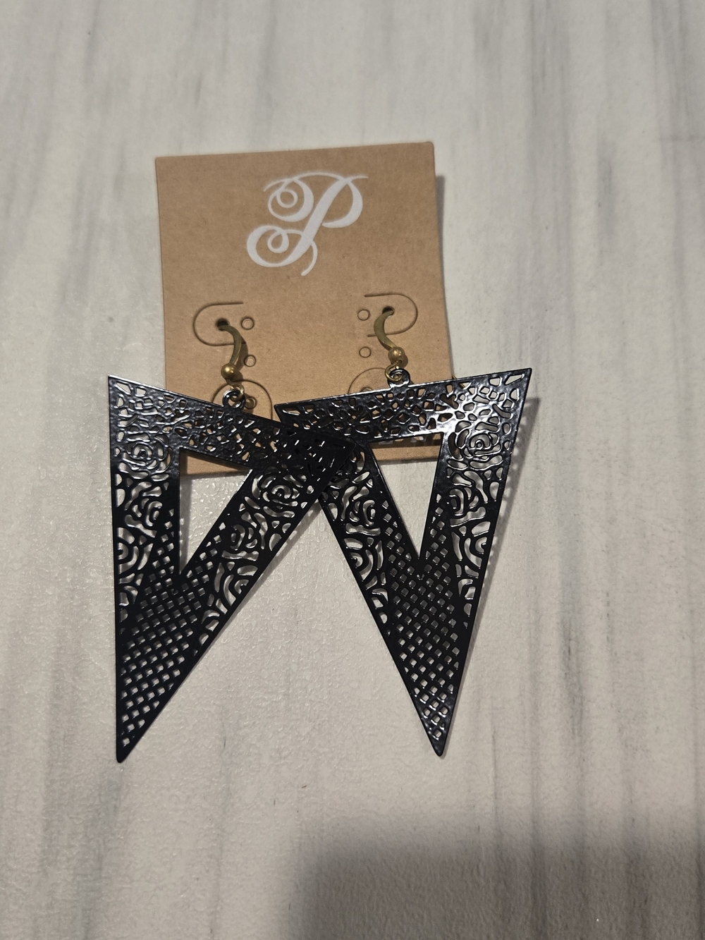 Plunder Black Filigree Triangle Drop Earrings